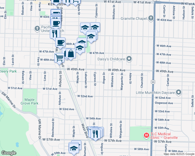map of restaurants, bars, coffee shops, grocery stores, and more near 6568 Cypress Street in Vancouver