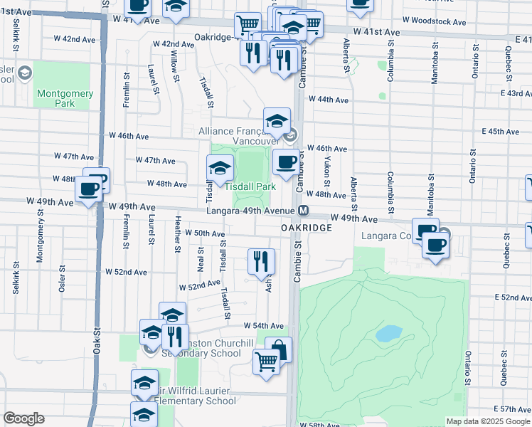 map of restaurants, bars, coffee shops, grocery stores, and more near 568 West 49th Avenue in Vancouver