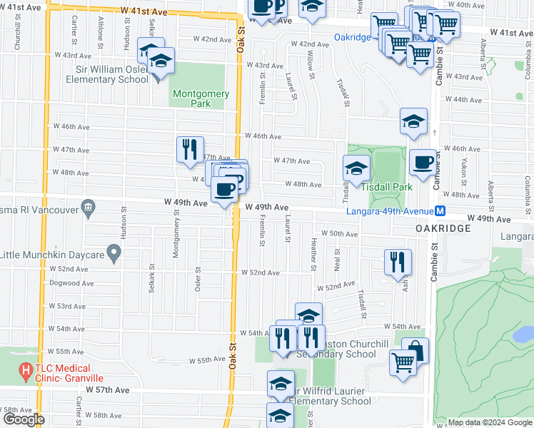 map of restaurants, bars, coffee shops, grocery stores, and more near in Vancouver