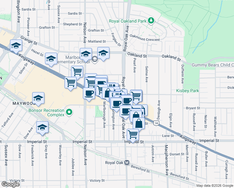map of restaurants, bars, coffee shops, grocery stores, and more near 5130 Irving Street in Burnaby