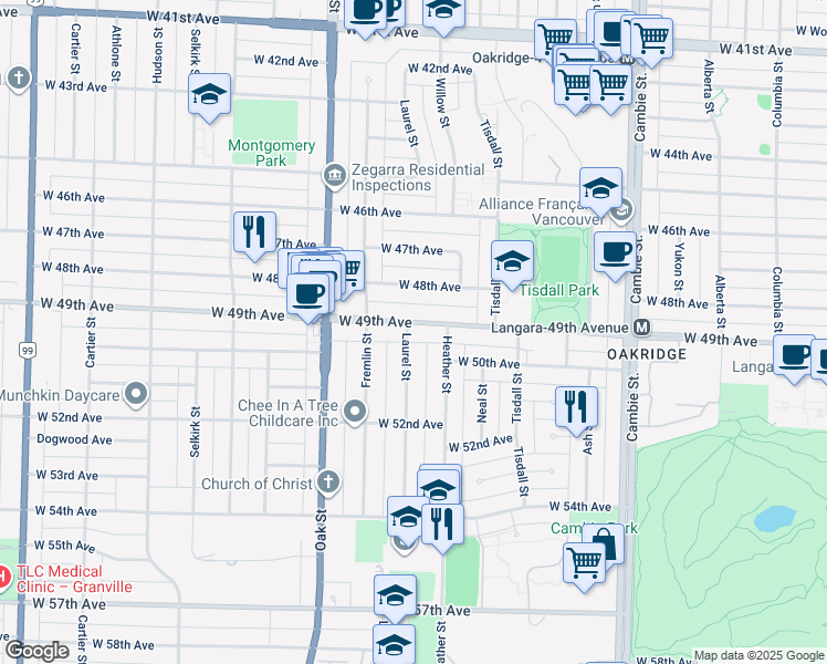 map of restaurants, bars, coffee shops, grocery stores, and more near 6526 Laurel Street in Vancouver