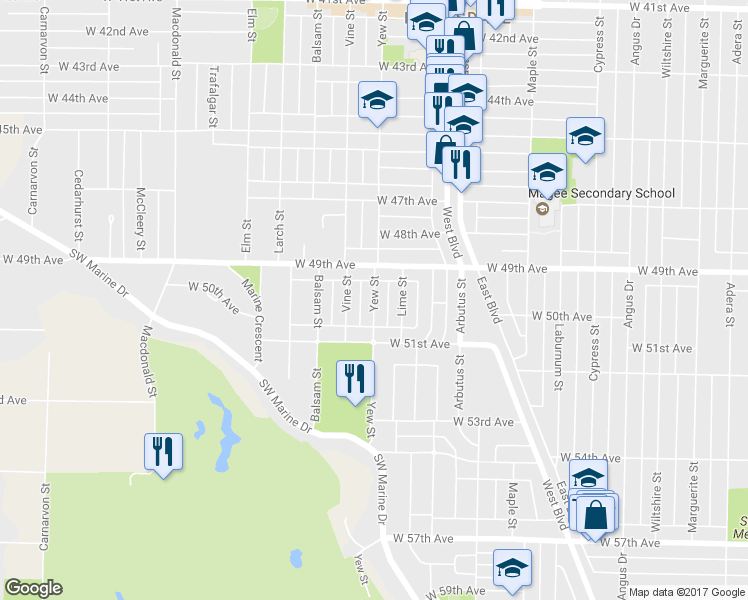 map of restaurants, bars, coffee shops, grocery stores, and more near 6579 Yew Street in Vancouver