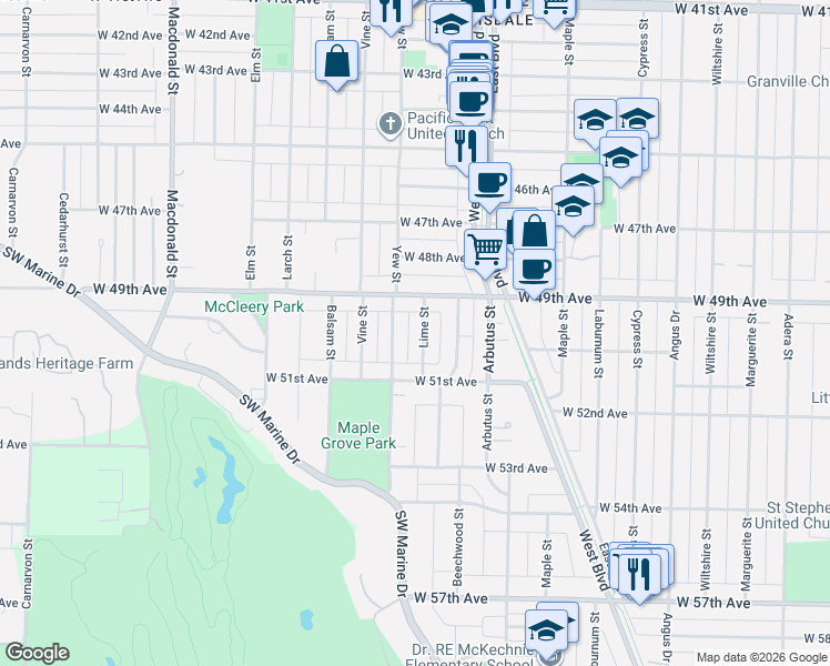 map of restaurants, bars, coffee shops, grocery stores, and more near 6575 Lime Street in Vancouver