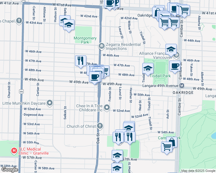 map of restaurants, bars, coffee shops, grocery stores, and more near 6525 Fremlin Street in Vancouver