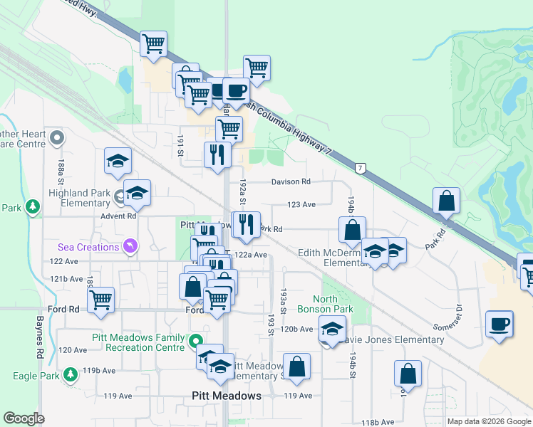 map of restaurants, bars, coffee shops, grocery stores, and more near 12309 193 Street in Pitt Meadows