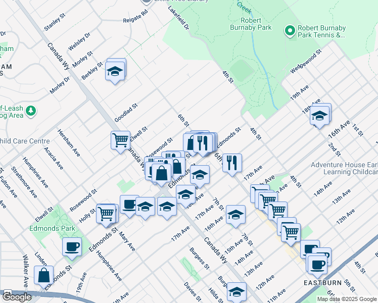 map of restaurants, bars, coffee shops, grocery stores, and more near 7843 Wedgewood Street in Burnaby