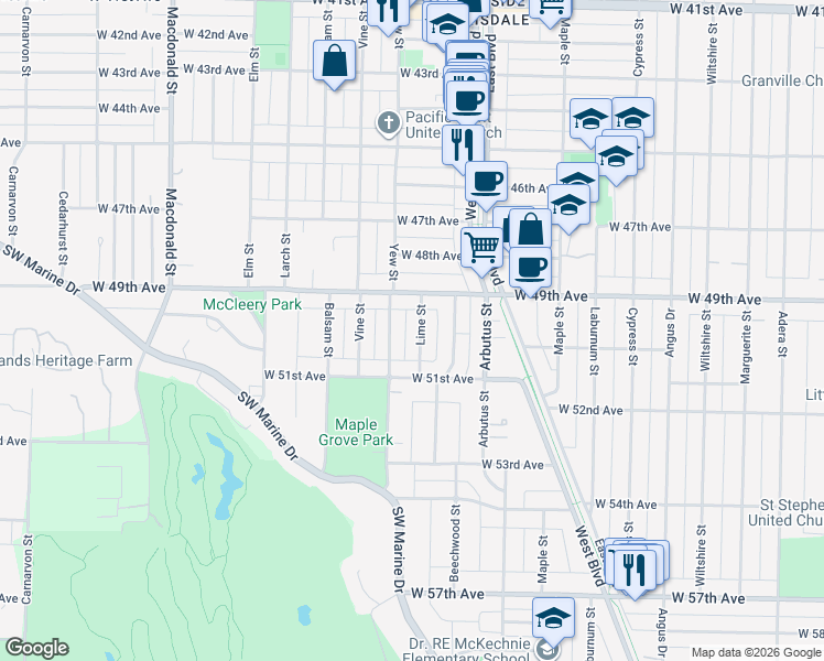 map of restaurants, bars, coffee shops, grocery stores, and more near 6577 Lime Street in Vancouver