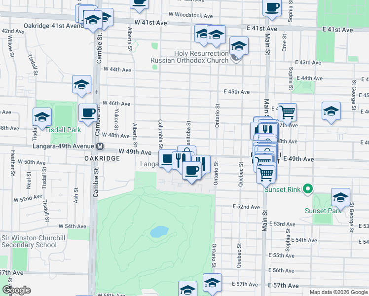 map of restaurants, bars, coffee shops, grocery stores, and more near 6485 Manitoba Street in Vancouver