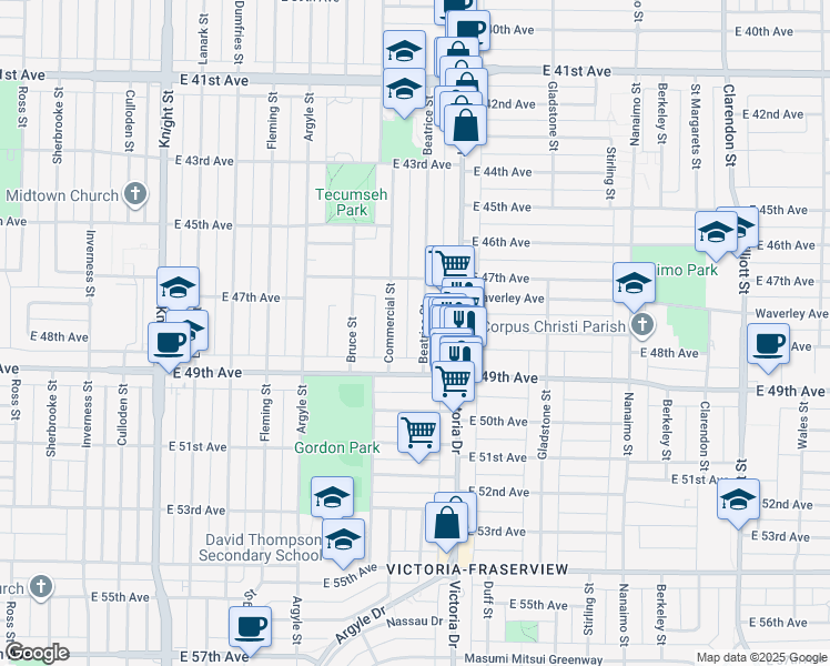 map of restaurants, bars, coffee shops, grocery stores, and more near 6391 Beatrice Street in Vancouver