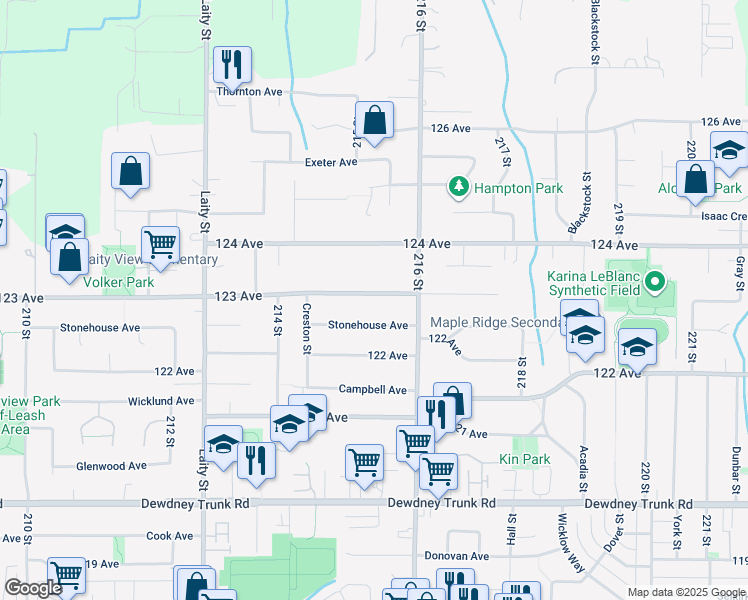 map of restaurants, bars, coffee shops, grocery stores, and more near 21530 123 Avenue in Maple Ridge