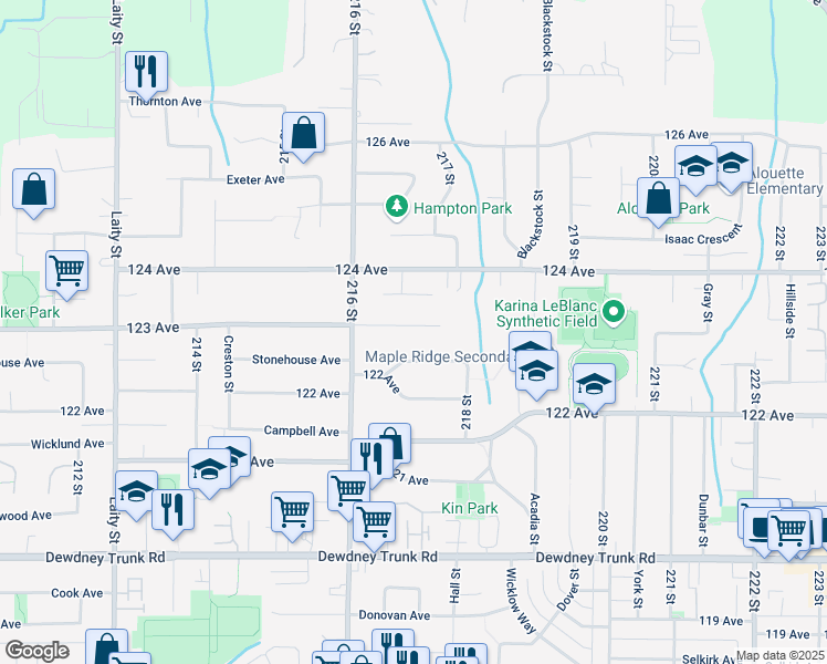 map of restaurants, bars, coffee shops, grocery stores, and more near 21694 123 Avenue in Maple Ridge