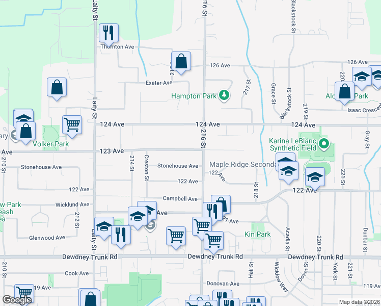 map of restaurants, bars, coffee shops, grocery stores, and more near 21562 123 Avenue in Maple Ridge