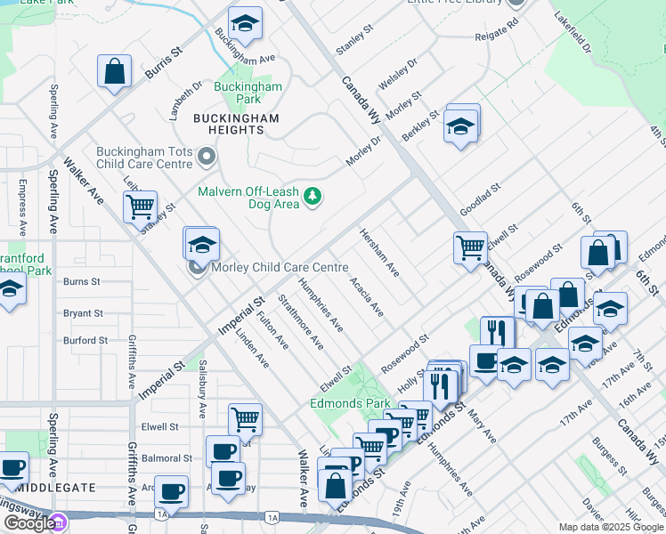 map of restaurants, bars, coffee shops, grocery stores, and more near 6639 Acacia Avenue in Burnaby
