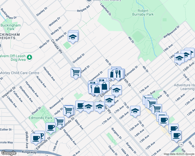 map of restaurants, bars, coffee shops, grocery stores, and more near 7774 Rosewood Street in Burnaby
