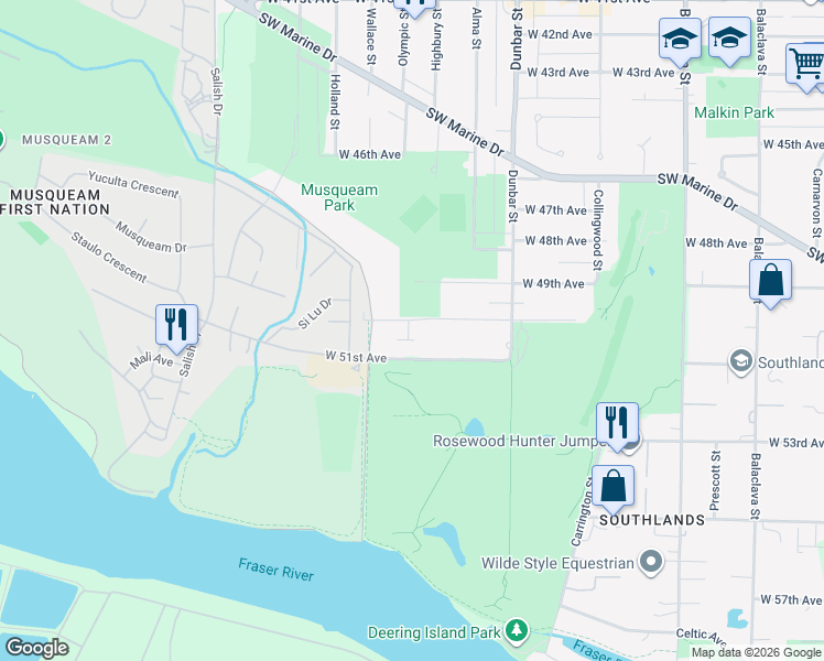 map of restaurants, bars, coffee shops, grocery stores, and more near 3838 West 50th Avenue in Vancouver