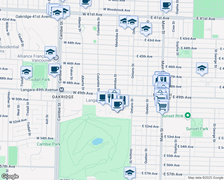 map of restaurants, bars, coffee shops, grocery stores, and more near 6485 Manitoba Street in Vancouver