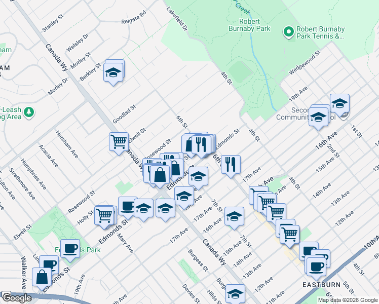 map of restaurants, bars, coffee shops, grocery stores, and more near 7853 Wedgewood Street in Burnaby