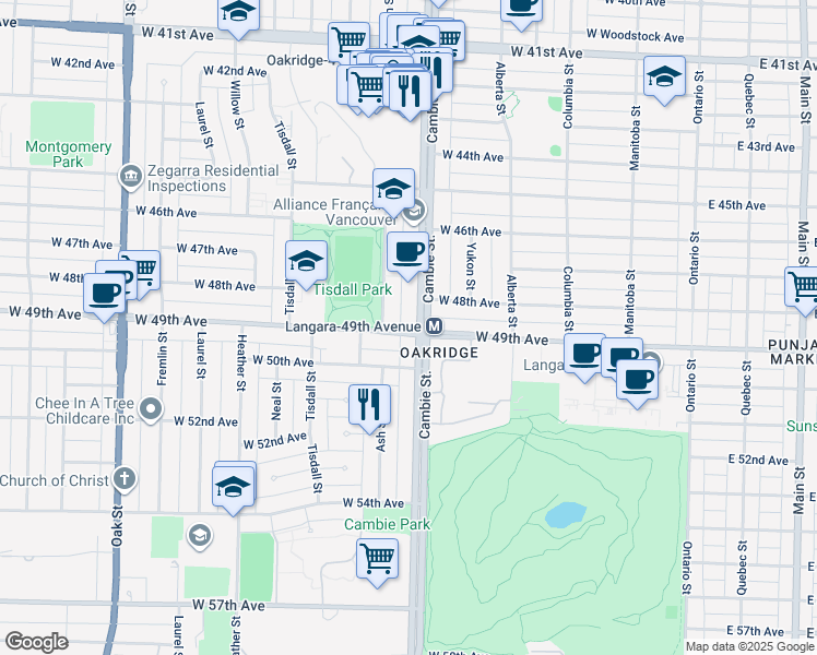map of restaurants, bars, coffee shops, grocery stores, and more near 6409 Cambie Street in Vancouver