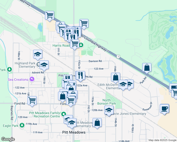 map of restaurants, bars, coffee shops, grocery stores, and more near 19270 123 Avenue in Pitt Meadows