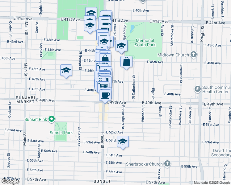 map of restaurants, bars, coffee shops, grocery stores, and more near 6414 Chester Street in Vancouver
