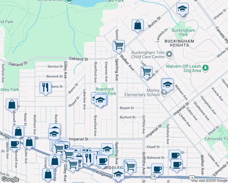 map of restaurants, bars, coffee shops, grocery stores, and more near 6363 Sperling Avenue in Burnaby