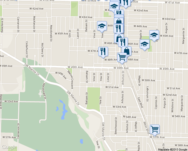 map of restaurants, bars, coffee shops, grocery stores, and more near 6591 Vine Street in Vancouver