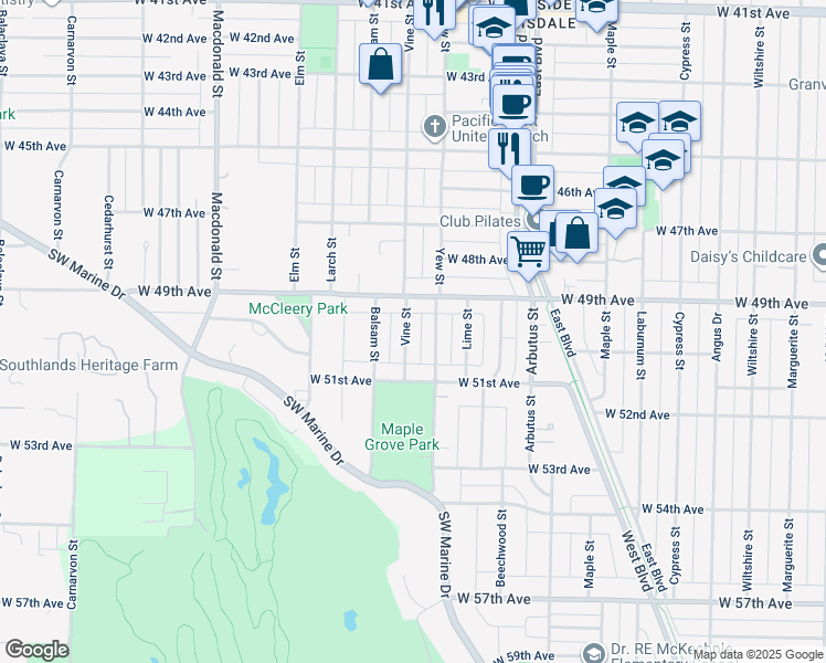map of restaurants, bars, coffee shops, grocery stores, and more near 6568 Vine Street in Vancouver