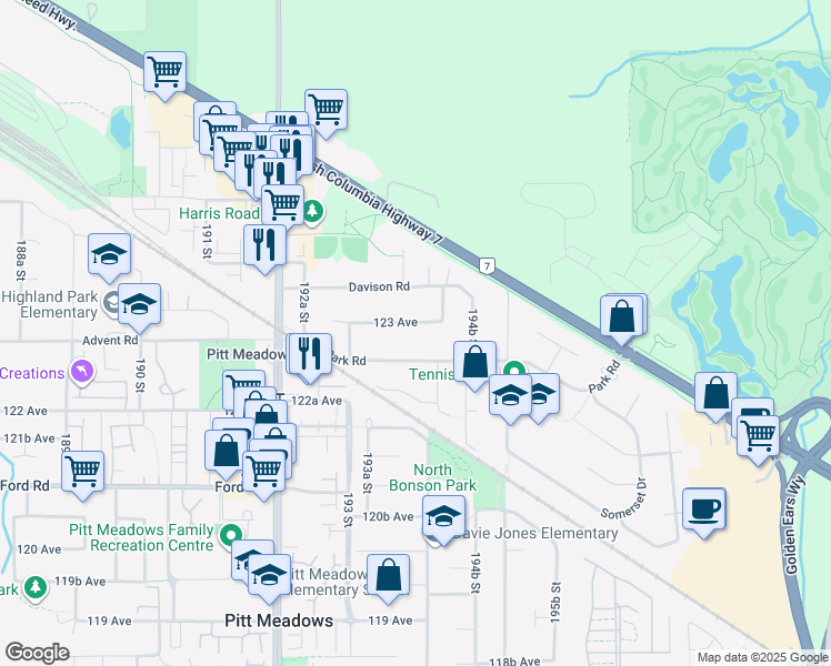 map of restaurants, bars, coffee shops, grocery stores, and more near 19386 123 Avenue in Pitt Meadows