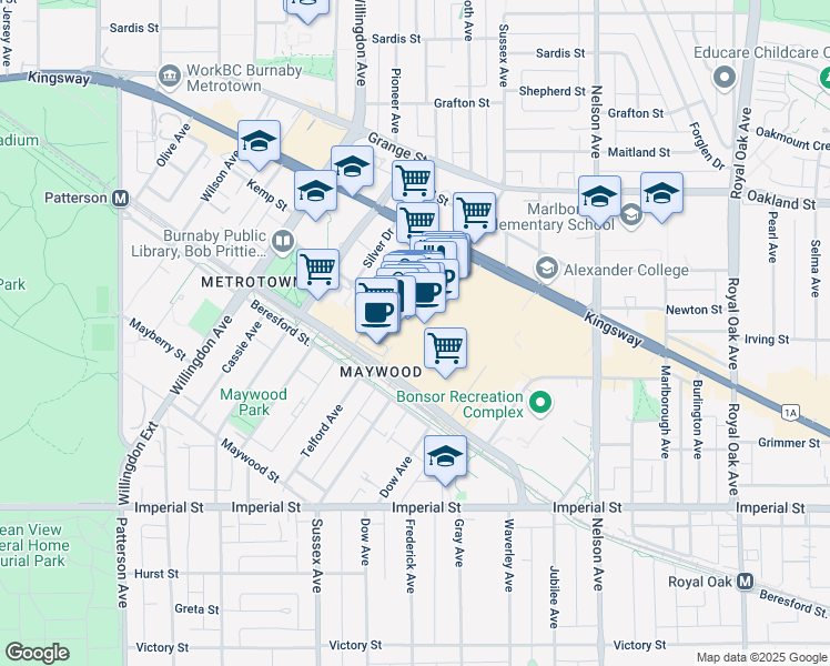 map of restaurants, bars, coffee shops, grocery stores, and more near 1116-4700 Kingsway in Burnaby