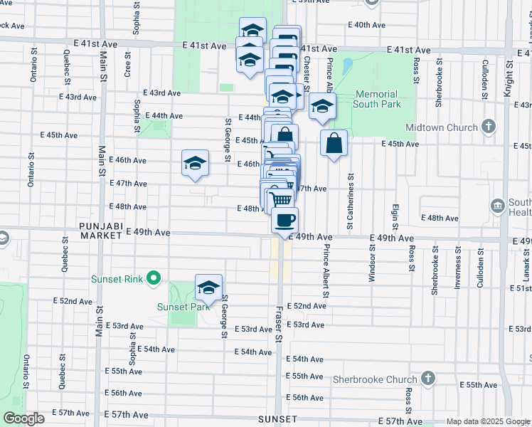 map of restaurants, bars, coffee shops, grocery stores, and more near 876 East 48th Avenue in Vancouver