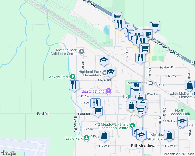 map of restaurants, bars, coffee shops, grocery stores, and more near 18921 Advent Road in Pitt Meadows