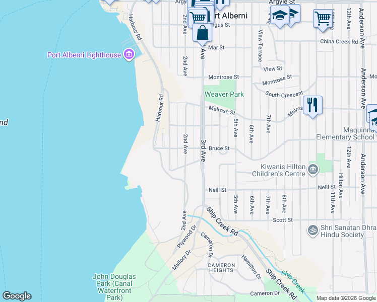 map of restaurants, bars, coffee shops, grocery stores, and more near 2595 2nd Avenue in Port Alberni