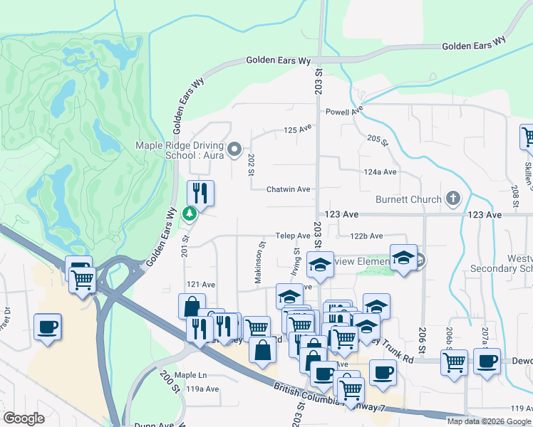 map of restaurants, bars, coffee shops, grocery stores, and more near 20278 Chatwin Avenue in Maple Ridge