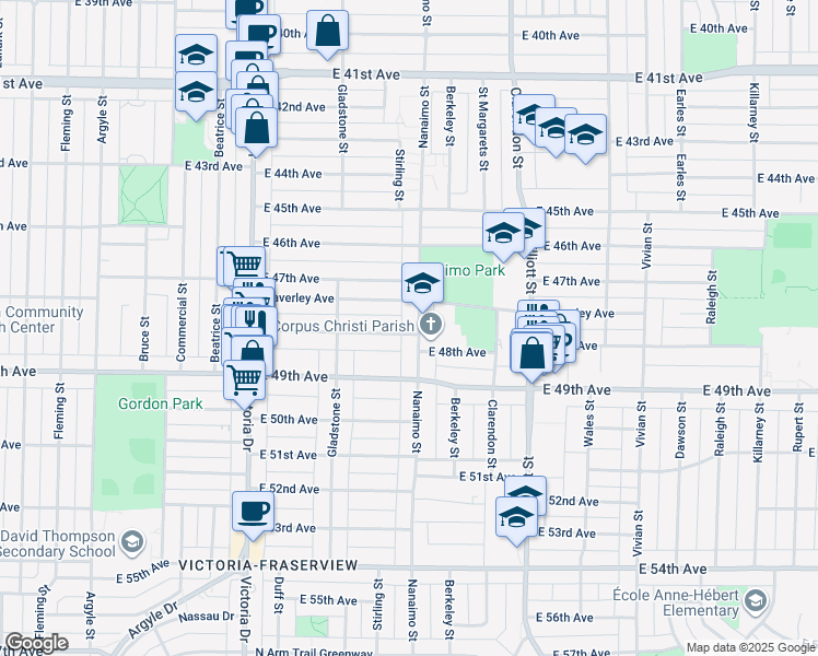 map of restaurants, bars, coffee shops, grocery stores, and more near 2295 East 48th Avenue in Vancouver