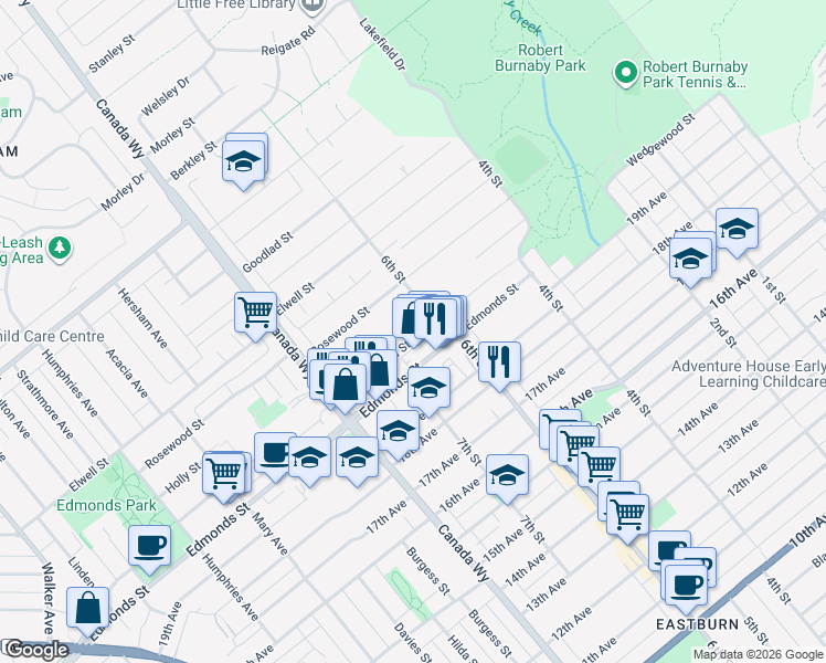 map of restaurants, bars, coffee shops, grocery stores, and more near 7863 Wedgewood Street in Burnaby