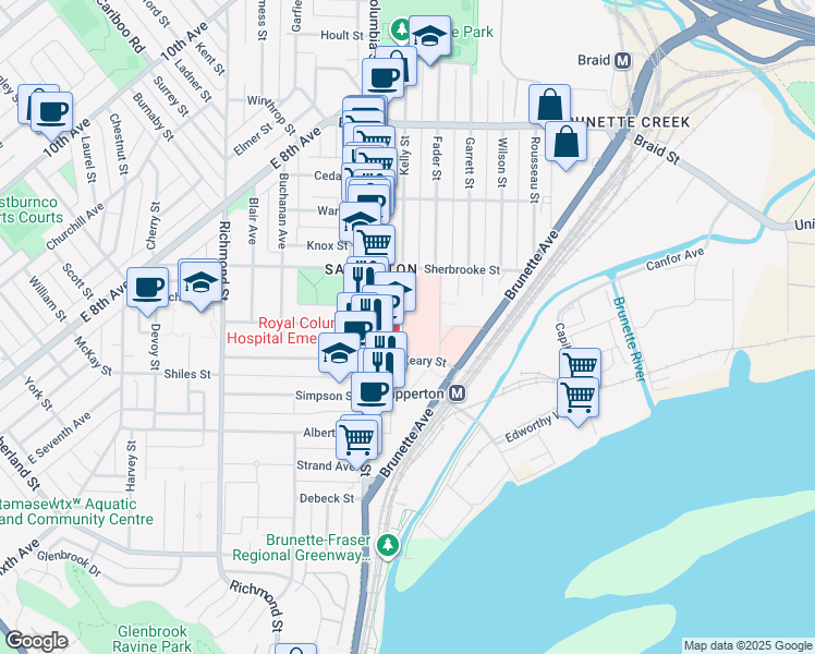 map of restaurants, bars, coffee shops, grocery stores, and more near 330 East Columbia Street in New Westminster