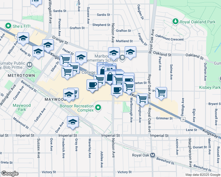 map of restaurants, bars, coffee shops, grocery stores, and more near 6407 Nelson Avenue in Burnaby