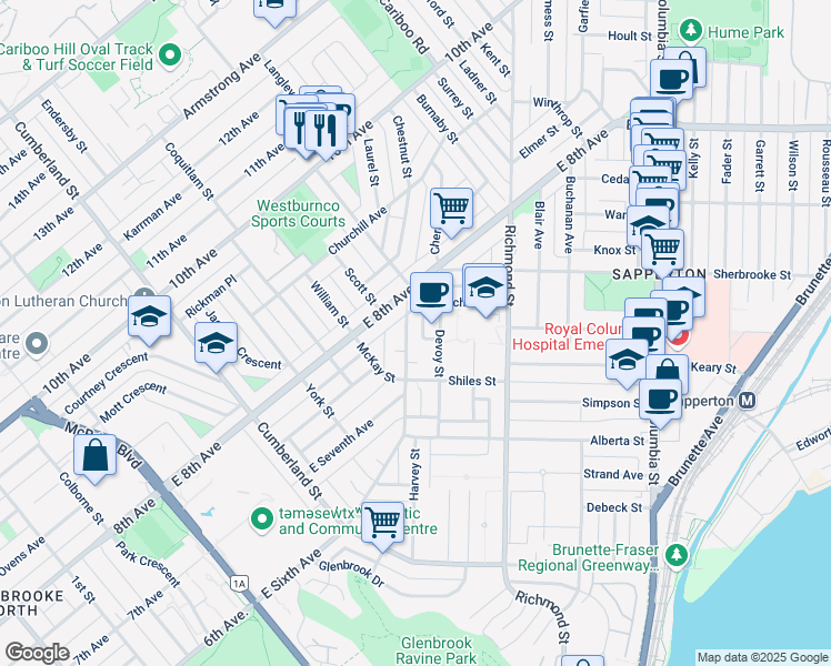 map of restaurants, bars, coffee shops, grocery stores, and more near 328 East Sixth Avenue in New Westminster
