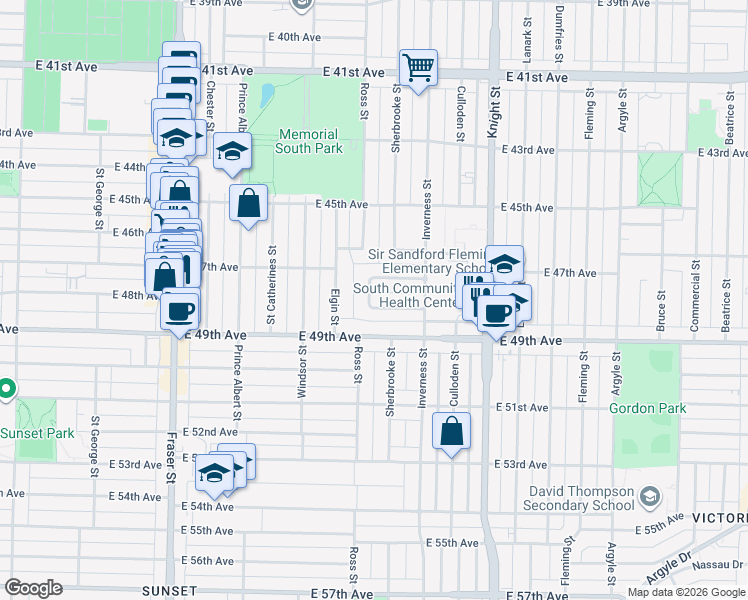 map of restaurants, bars, coffee shops, grocery stores, and more near in Vancouver