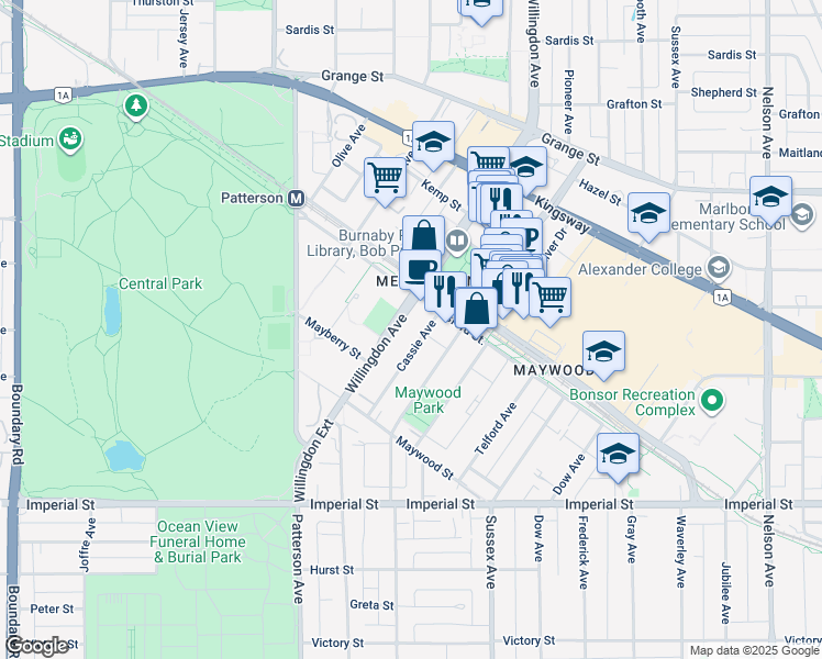 map of restaurants, bars, coffee shops, grocery stores, and more near 6263 Cassie Avenue in Burnaby