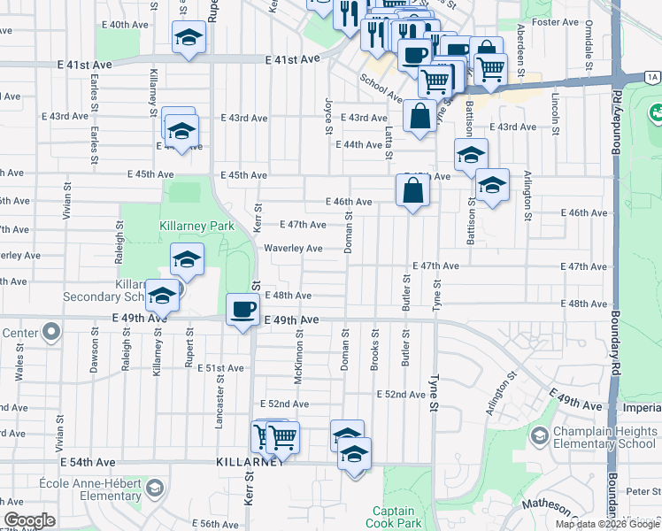 map of restaurants, bars, coffee shops, grocery stores, and more near 3241 Coleridge Avenue in Vancouver
