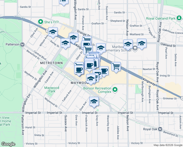 map of restaurants, bars, coffee shops, grocery stores, and more near 4700 Kingsway in Burnaby