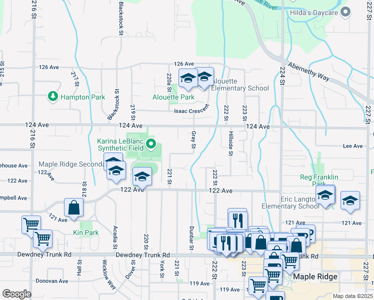 map of restaurants, bars, coffee shops, grocery stores, and more near 22101 Canuck Crescent in Maple Ridge