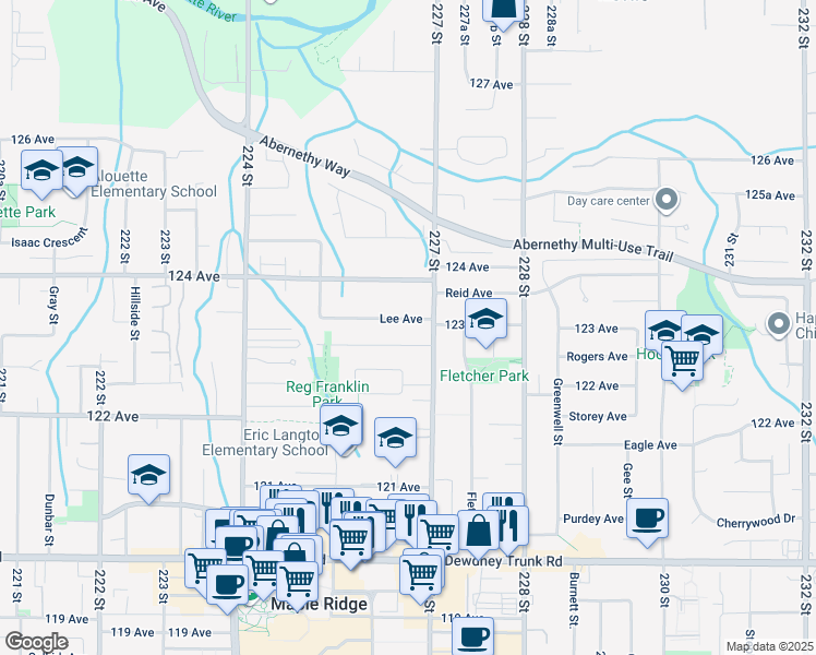 map of restaurants, bars, coffee shops, grocery stores, and more near 22650 Lee Avenue in Maple Ridge