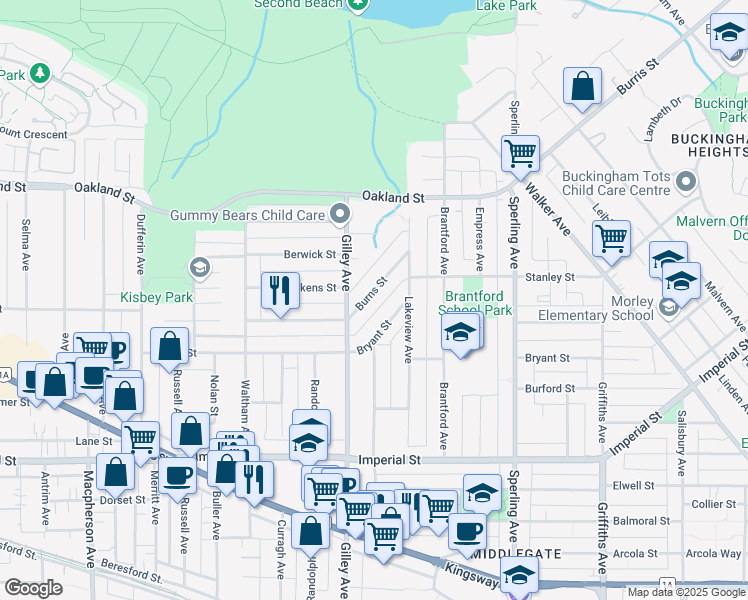 map of restaurants, bars, coffee shops, grocery stores, and more near 6376 Burns Street in Burnaby