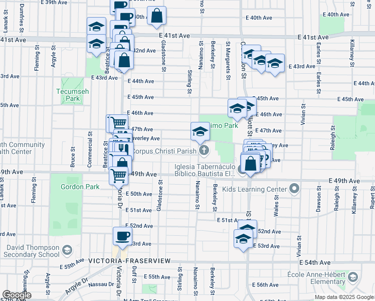 map of restaurants, bars, coffee shops, grocery stores, and more near 2283 East 48th Avenue in Vancouver