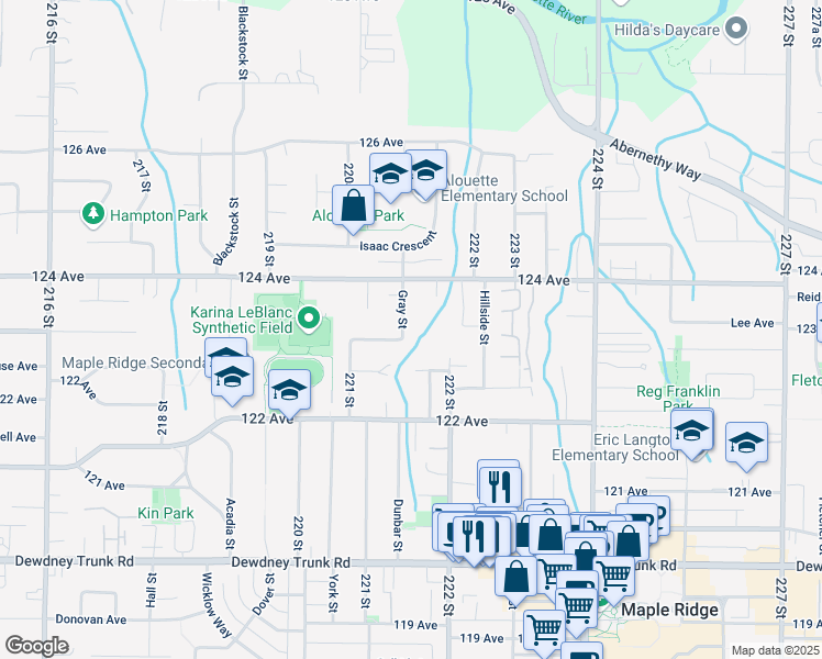 map of restaurants, bars, coffee shops, grocery stores, and more near 12336 Gray Street in Maple Ridge