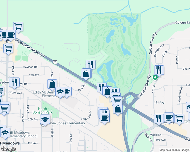 map of restaurants, bars, coffee shops, grocery stores, and more near 19673 Meadow Gardens Way in Pitt Meadows