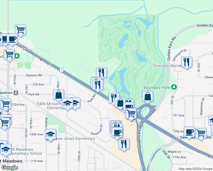 map of restaurants, bars, coffee shops, grocery stores, and more near 19673 Meadow Gardens Way in Pitt Meadows