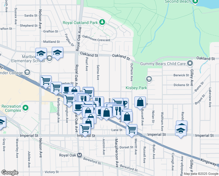 map of restaurants, bars, coffee shops, grocery stores, and more near Denbigh Avenue in Burnaby